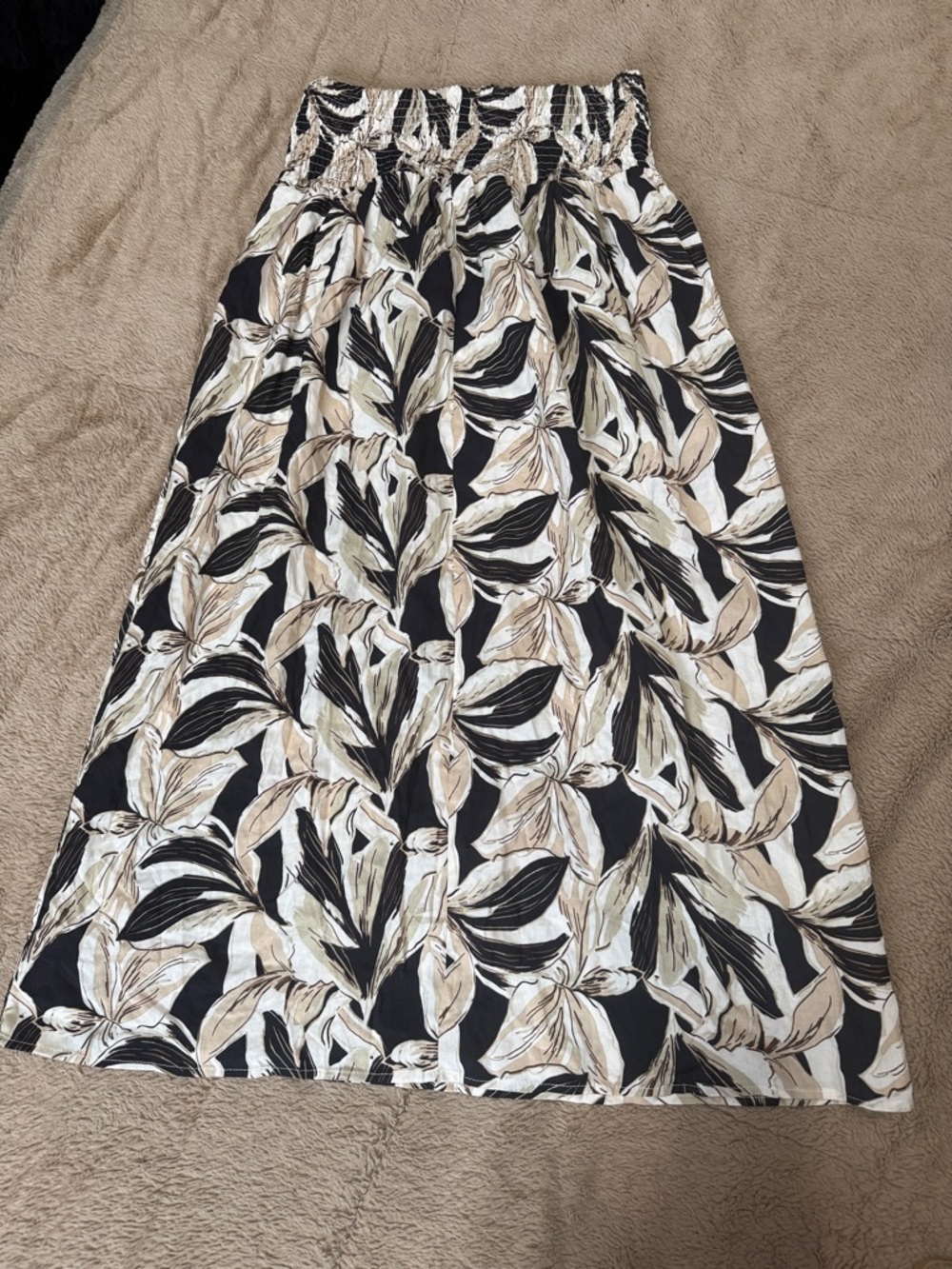Smocked Waist Black & Beige Leaf Print Midi Skirt